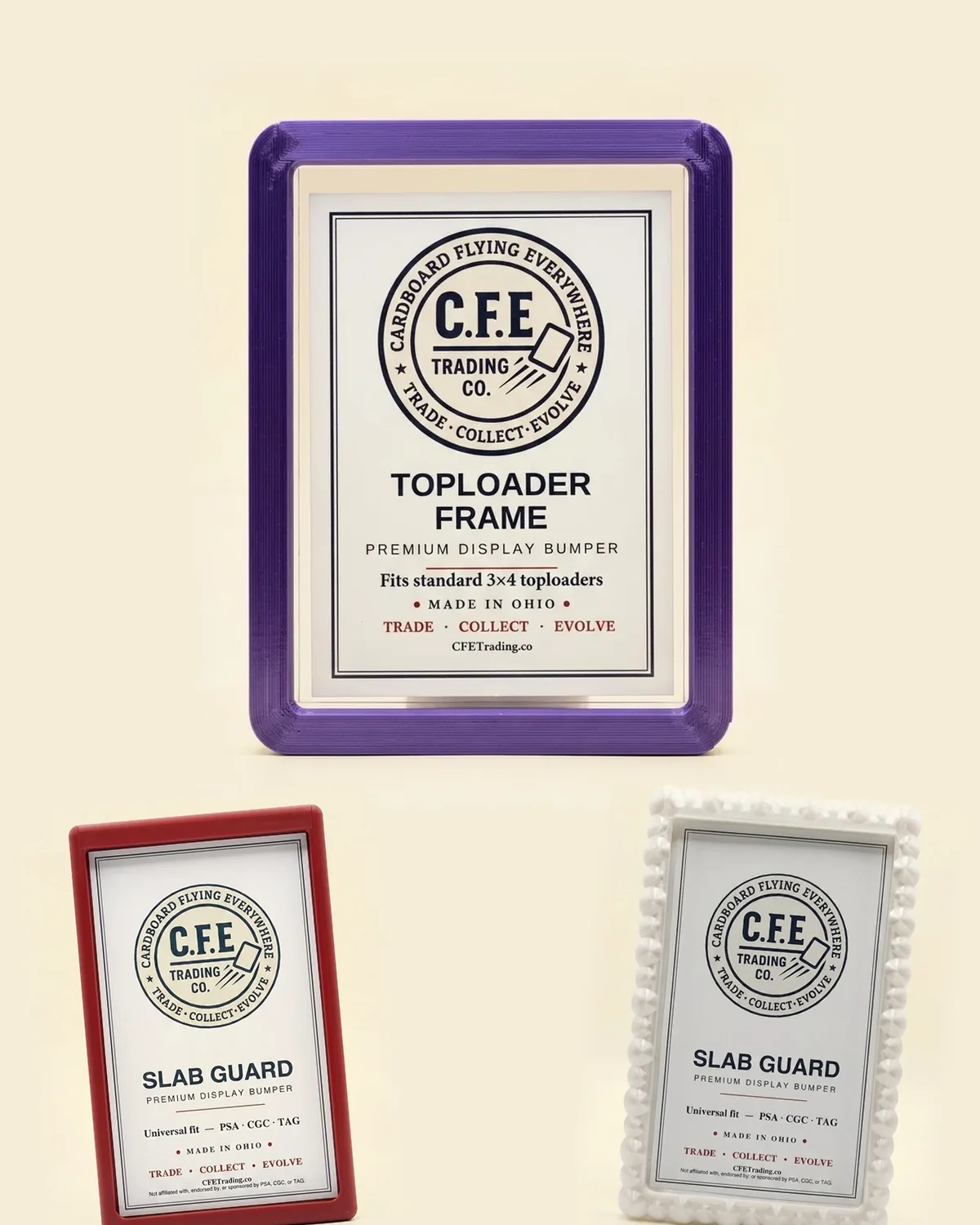 A metallic purple C.F.E. Toploader Frame with a red Slab Guard and a pearl Boba Slab Guard below it